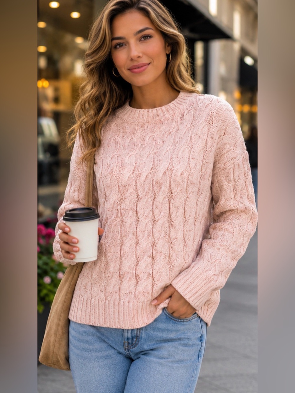Rachel Zoe Thick Cable Knit Crewneck Sweater In Blush Pink Size M - NWOT